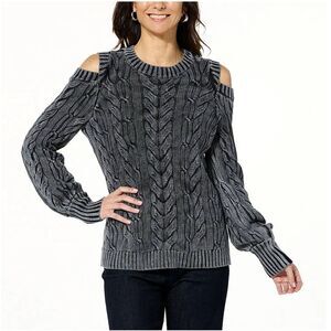 DG2 by Diane Gilman Vintage Wash 100% Cotton Cold Shoulder Sweater Black L NWT